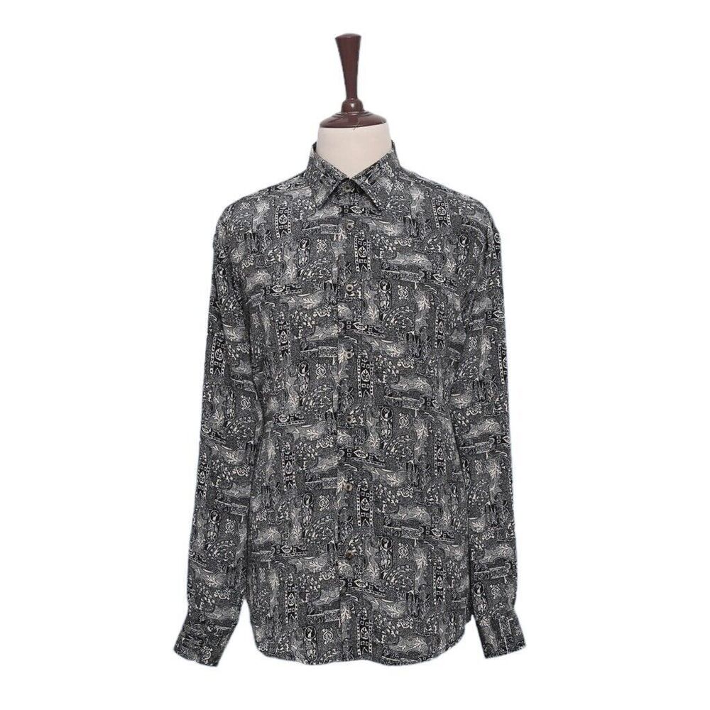 Mens Silk Shirt Button Gray Black Abstract Designer Luxury Dress Casual Party XL